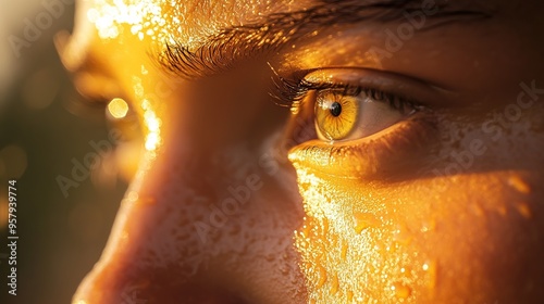 close-up of a runner's face, determination in their eyes, as the first rays of sunrise hit their face, sweat glistening in the morning light