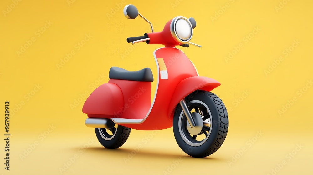 A vibrant red scooter stands against a bright yellow background, showcasing a classic design and playful aesthetics. A vibrant red scooter stands against a bright yellow background, showcasing a classic design and playful aesthetics.