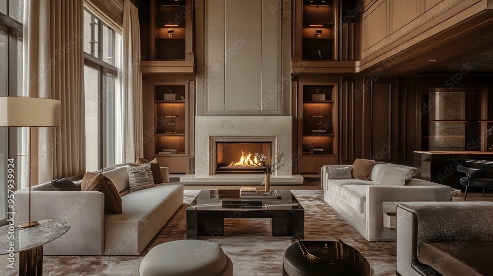 Luxurious Living Room with Exquisite Fireplace and Designer Furnishings Luxurious Living Room with Exquisite Fireplace and Designer Furnishings