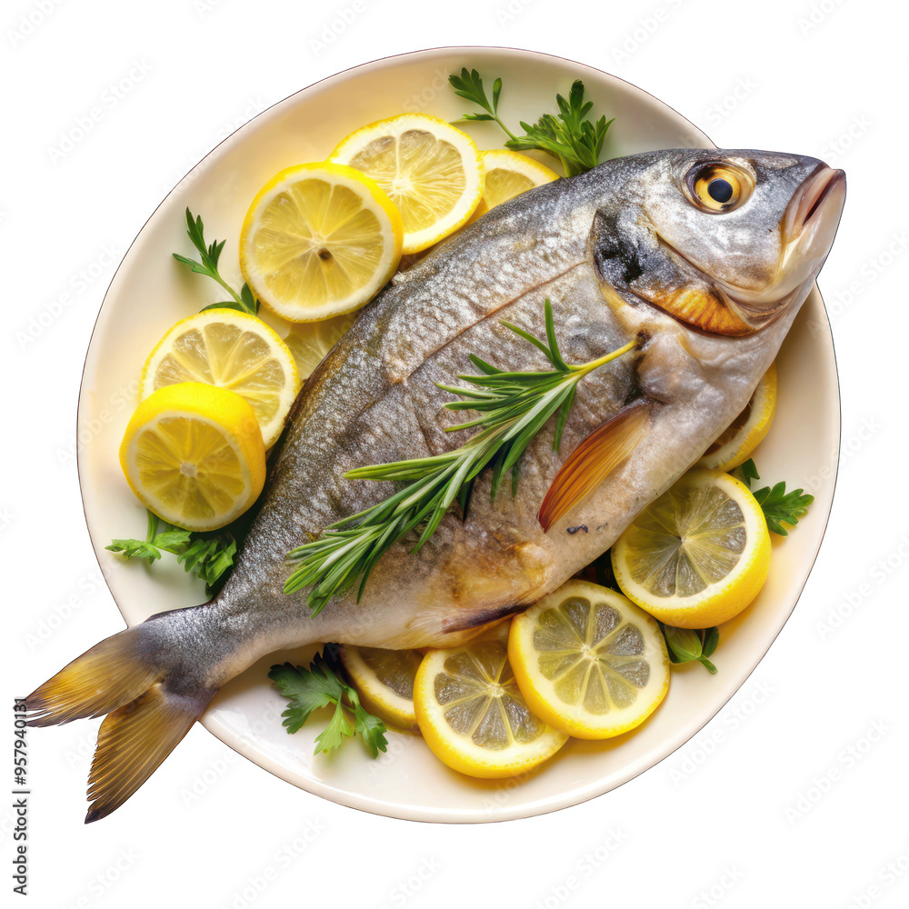Bream fish with lemon slices on white plate isolated on transparent background Bream fish with lemon slices on white plate isolated on transparent background