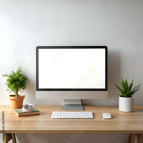 Modern. minimalist desktop mockup with a blank computer screen. keyboard. mouse. and plants.