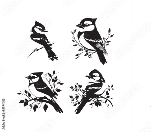 lack  Blue jay Silhouette Vector on Whit Background
