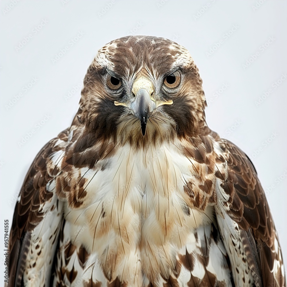 Close up of a fierce bird of prey staring intensely with a pristine white background isolated on white Close up of a fierce bird of prey staring intensely with a pristine white background isolated on white