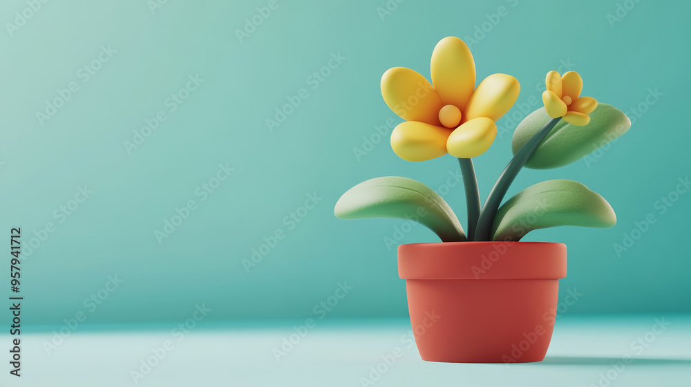 A charming yellow flower in a pot, showcasing vibrant colors and a minimalist design against a soft turquoise backdrop. A charming yellow flower in a pot, showcasing vibrant colors and a minimalist design against a soft turquoise backdrop.