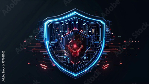 Cyber ​​​​security technology concept. HUD and Shield Icon of Cyber Security, Digital Data Network Protection.