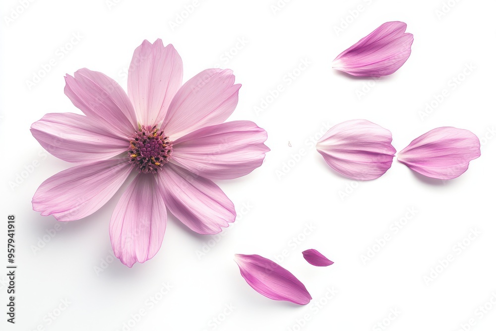 A delicate pink cosmos flower with a few petals detached and floating away A delicate pink cosmos flower with a few petals detached and floating away