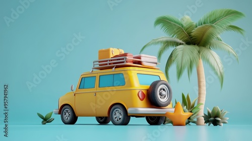 A vibrant yellow vintage van with luggage parked beside a palm tree, evoking a sense of adventure and summer travel. photo