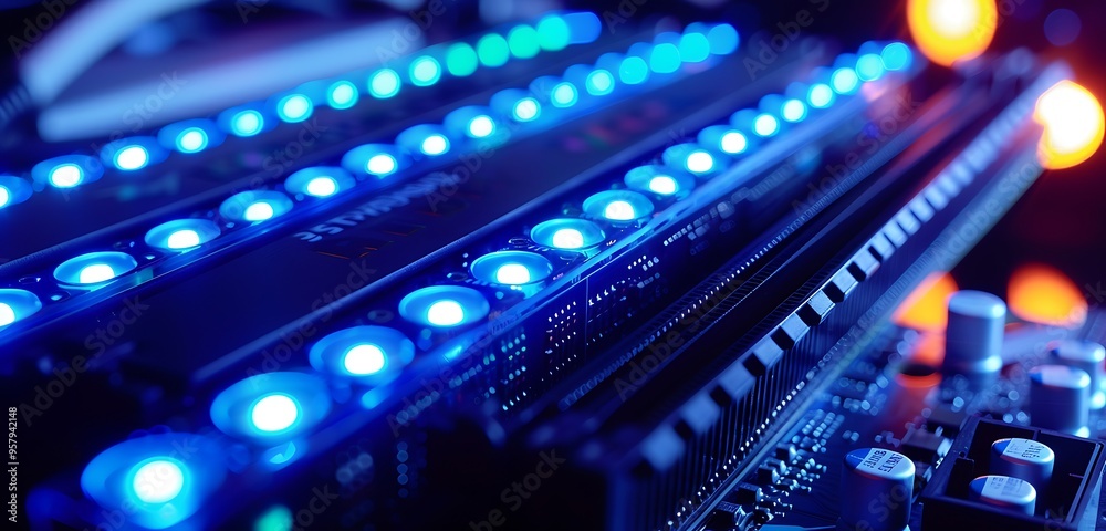 Close-up of RGB RAM sticks with blue lights, high-tech gaming room Close-up of RGB RAM sticks with blue lights, high-tech gaming room
