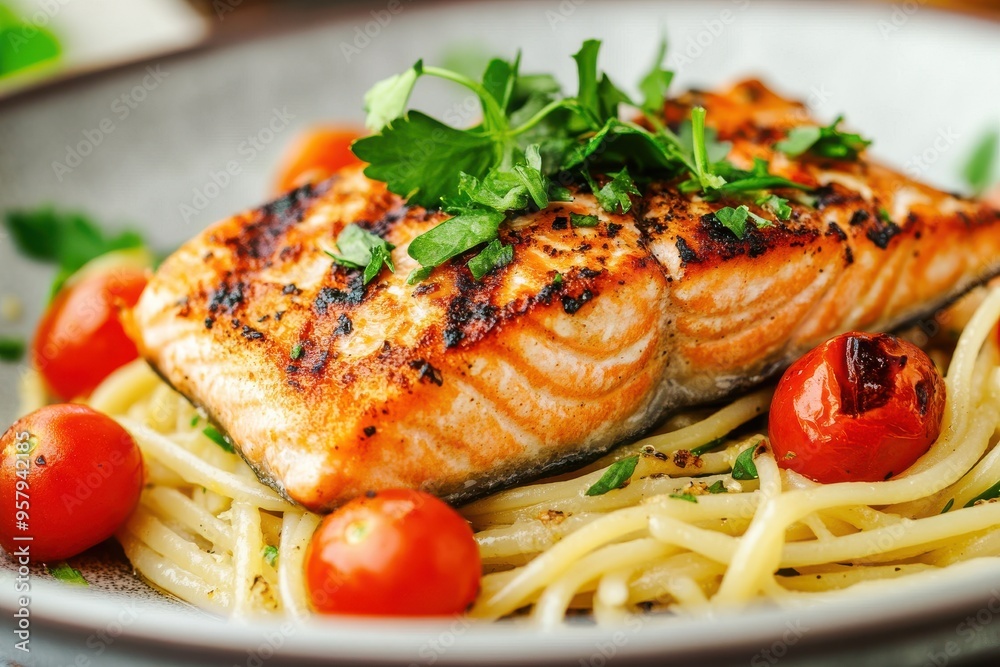 A delicious serving of grilled salmon placed on a bed of al dente pasta, garnished with fresh herbs A delicious serving of grilled salmon placed on a bed of al dente pasta, garnished with fresh herbs