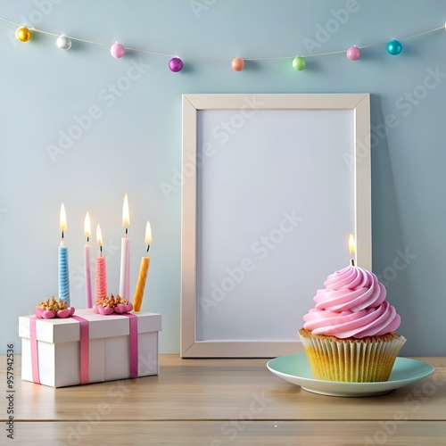 A cheerful birthday mockup featuring a blank frame. a cupcake with a candle. a gift box with candles. and colorful decorations.