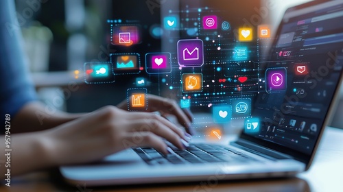 marketer using multiple social media tools on a laptop, colorful icons, graphs, and dashboards displayed