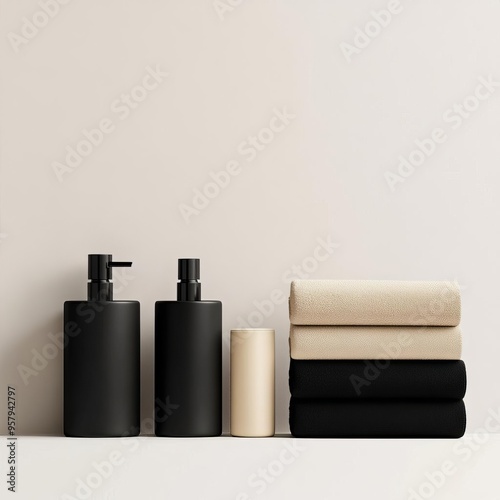 Obraz na płótnie Luxurious hotel toiletries set, sleek packaging, matte finish, contemporary style, isolated on white background w salonie