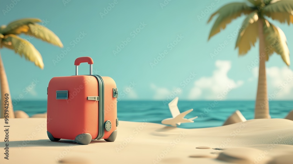 Colorful suitcase on a sunny beach with palm trees, evoking a sense of travel and adventure in a tropical paradise. Colorful suitcase on a sunny beach with palm trees, evoking a sense of travel and adventure in a tropical paradise.