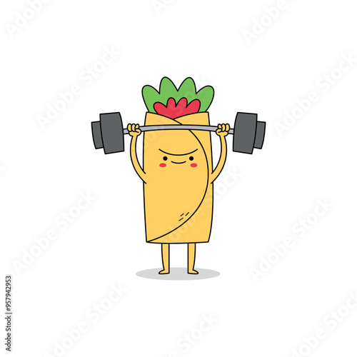 Cute burrito cartoon character lifting weight doodle