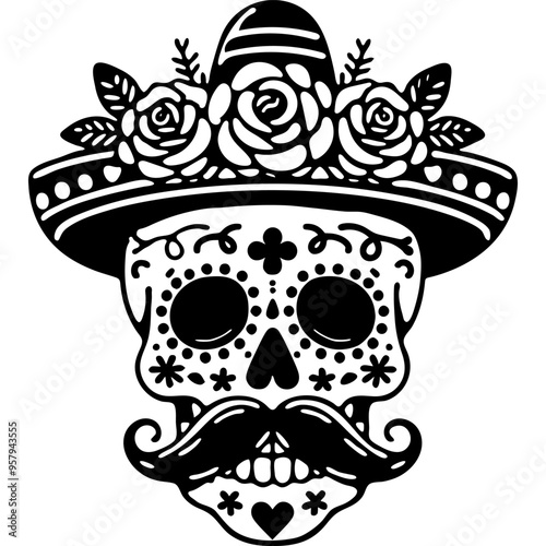 Human skull with Mexican facial ornament, mustache and sombrero decorated with flowers in monochrome. Simple minimalistic vector in black ink drawing on transparent background