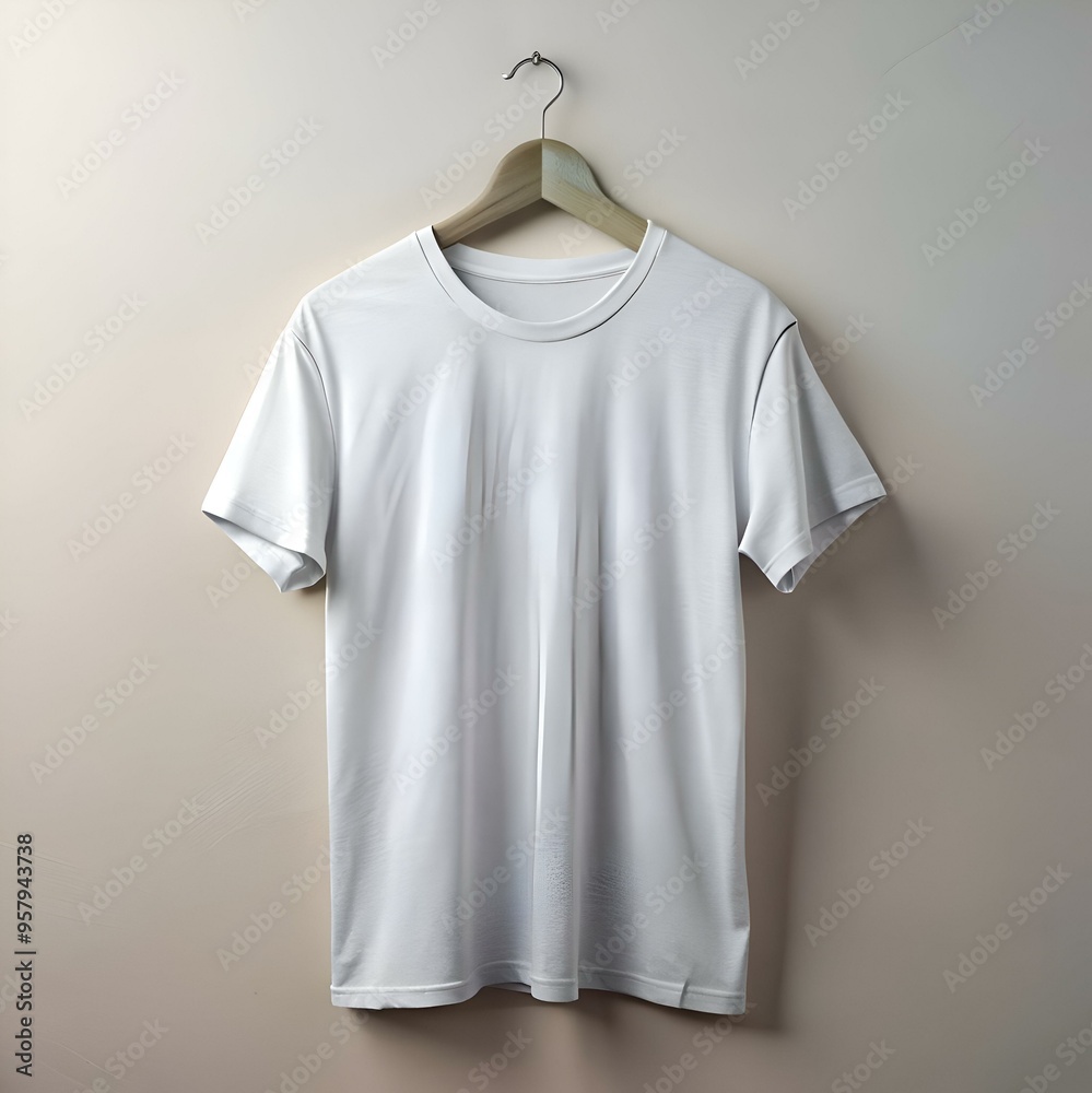 Blank white t shirt hanging on a wooden hanger against a light beige background. Blank white t shirt hanging on a wooden hanger against a light beige background.