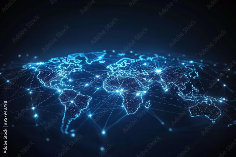 A digital rendering of a global map interconnected by glowing blue lines and nodes A digital rendering of a global map interconnected by glowing blue lines and nodes