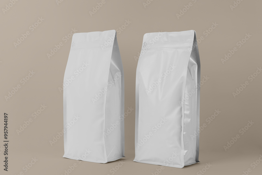 Foil plastic bag packaging with zipper and pile of seed for pet food or roasted coffee beans or tea, template isolated on a white background. Package mock-up