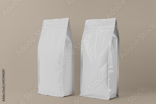 Obraz na płótnie Foil plastic bag packaging with zipper and pile of seed for pet food or roasted coffee beans or tea, template isolated on a white background. Package mock-up w salonie