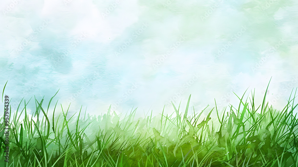 Fototapeta premium Green Grass Spring Watercolor painting style