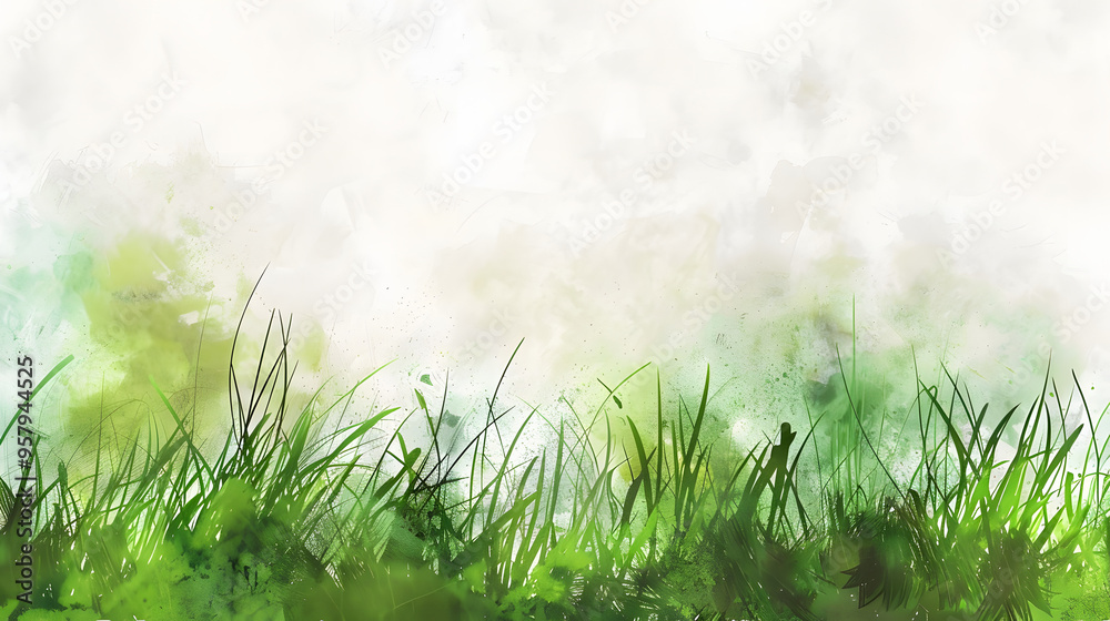 Fototapeta premium Green Grass Spring Watercolor painting style