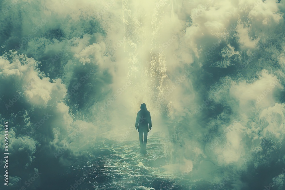 Obraz premium Waterfall and Human Silhouette powerful cascading down misty spray