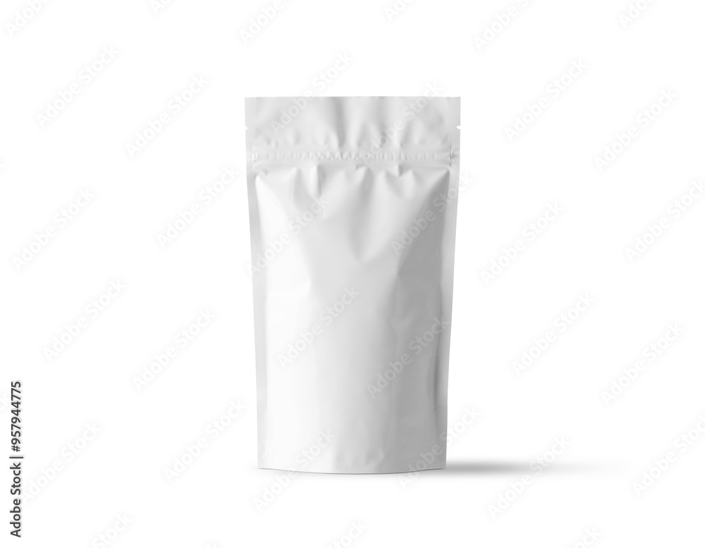 Foil plastic bag packaging with zipper and pile of seed for pet food or roasted coffee beans or tea, template isolated on a white background. Package mock-up