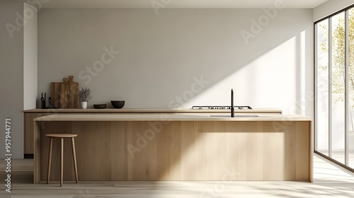 Minimalist Light Wooden Kitchen Island with Smooth Countertop for Culinary Workspace