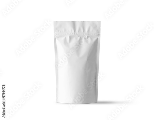 Obraz na płótnie Foil plastic bag packaging with zipper and pile of seed for pet food or roasted coffee beans or tea, template isolated on a white background. Package mock-up w salonie
