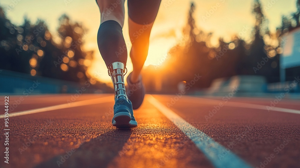 Fototapeta premium Adaptive athlete with a prosthetic leg running on a modern running track at sunrise, powerful and determined, with a blurred background