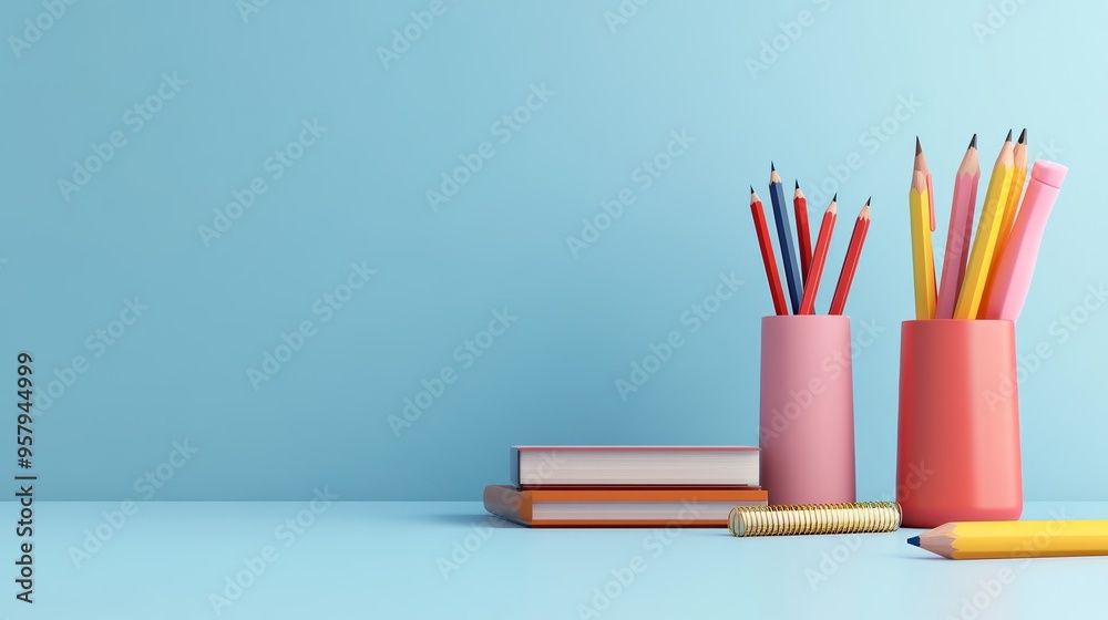 Fototapeta premium A colorful collection of stationery items including pencils, books, and pens, perfect for a creative workspace or study area.