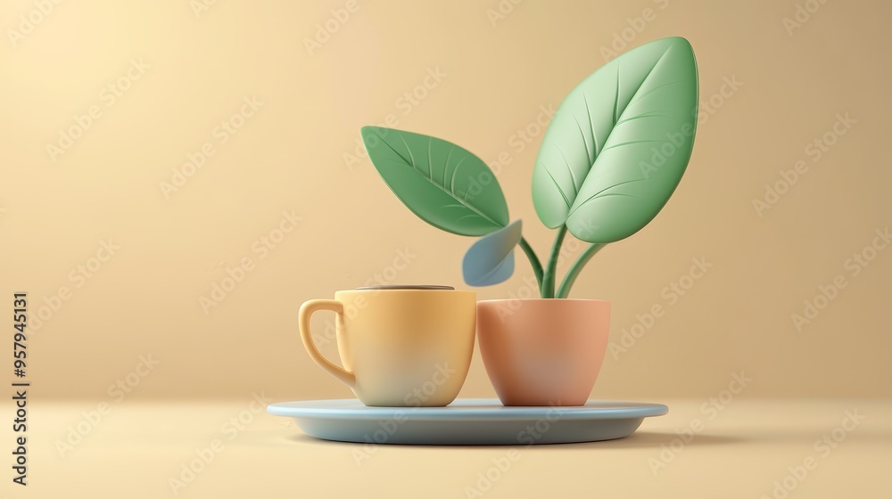 Stylish still life featuring a colorful cup and pot with vibrant leaves on a minimalist background, perfect for cozy decor.