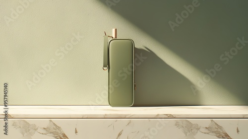 A matte green pouch bag with a sleek, modern design, standing upright on a marble counter. The image features soft shadows that accentuate the matte texture of the bag photo