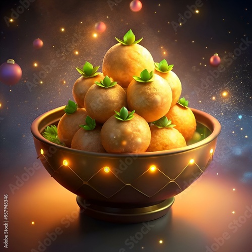 A 3D illustration of a plate of Pani Puri. a popular Indian street food. photo