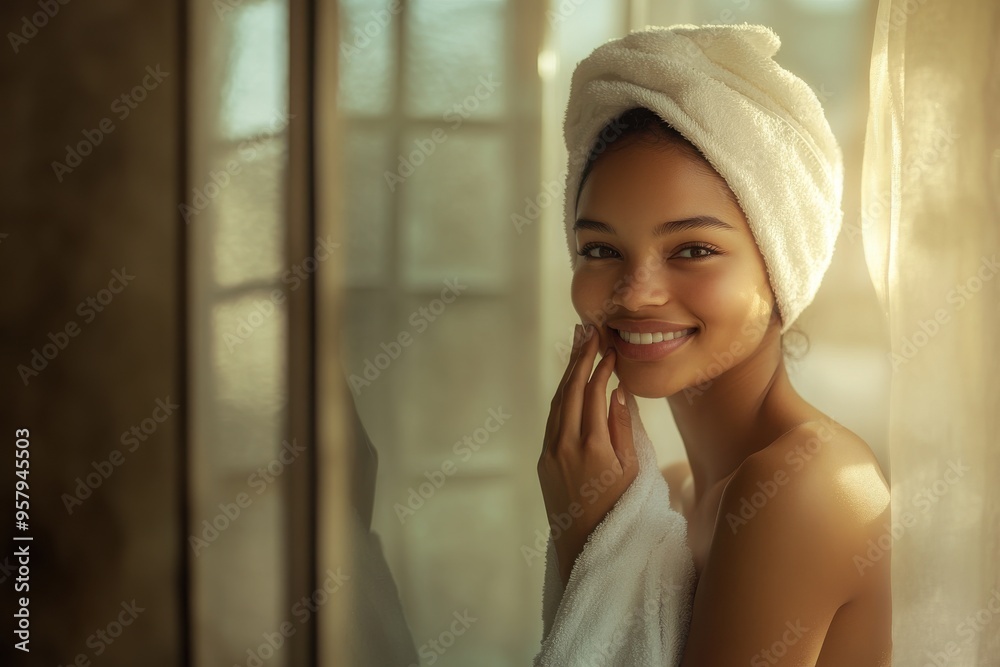 A fresh and clean image of a young woman standing in front of a mirror, her face glowing A fresh and clean image of a young woman standing in front of a mirror, her face glowing
