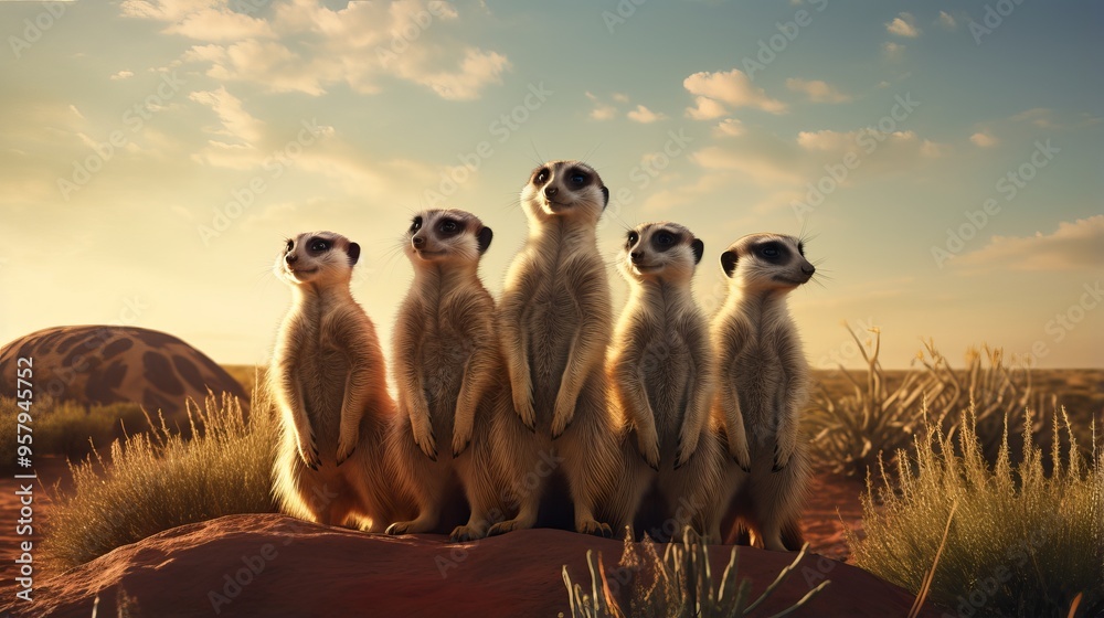 Vigilant Meerkats Group Standing Alert on Desert Rock at Vibrant Sunset - Animal Loving Wallpaper Vigilant Meerkats Group Standing Alert on Desert Rock at Vibrant Sunset - Animal Loving Wallpaper