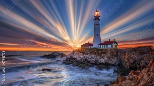 Striking skies above a lighthouse perched on rugged cliffs amidst nature s drama photo