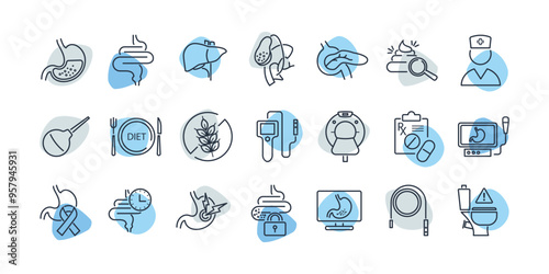 Gastroenterology line icon set. Liver, gallbladder, pancreas, gluten free diet, diarrhea, feces, ct, digestion, ultrasound, ulcer, duodenum, bile vector illustration.