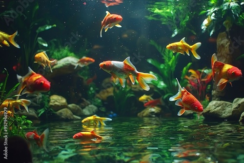 Goldfish Swimming in a Lush Aquarium