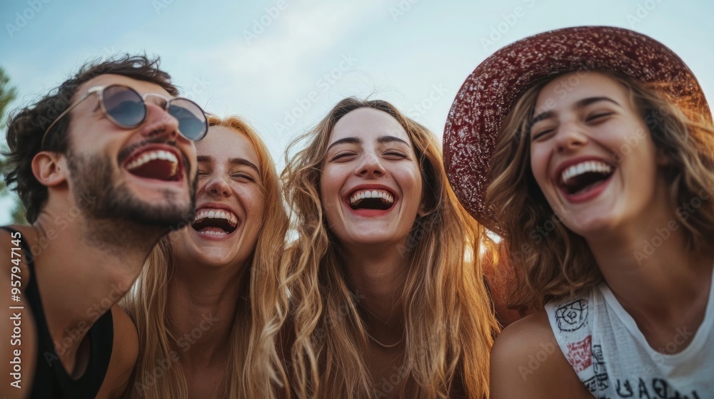 Group of friends laughing and having fun outdoors together, A joyful image that is popular in lifestyle, travel and entertainment. Group of friends laughing and having fun outdoors together, A joyful image that is popular in lifestyle, travel and entertainment.