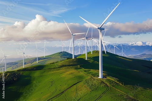 Wind turbines on green hills under blue sky