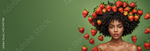 banner with black fashion woman with afro and perfect glossy skin at green background with juisy strawberries with empty space for text and desigh photo