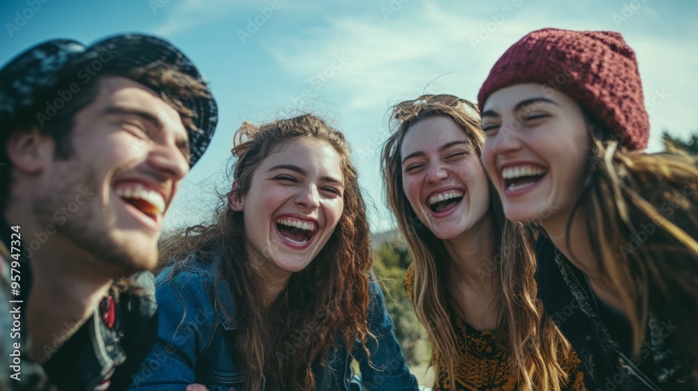 Group of friends laughing and having fun outdoors together, A joyful image that is popular in lifestyle, travel and entertainment. Group of friends laughing and having fun outdoors together, A joyful image that is popular in lifestyle, travel and entertainment.