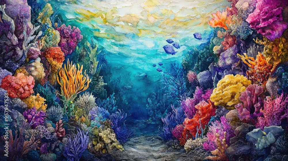 Fototapeta premium An immersive underwater panorama depicting diverse marine ecosystems, each representing a social issue, rich colors and textures, watercolor painting with a touch of surrealism