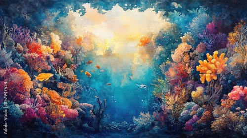 An immersive underwater panorama depicting diverse marine ecosystems, each representing a social issue, rich colors and textures, watercolor painting with a touch of surrealism