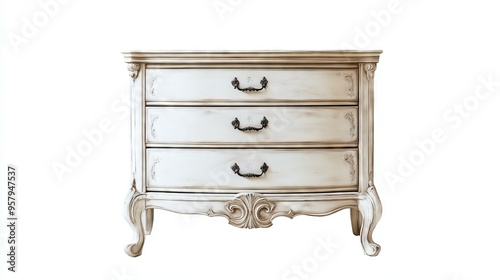 white wooden dresser with three drawers on a white background
