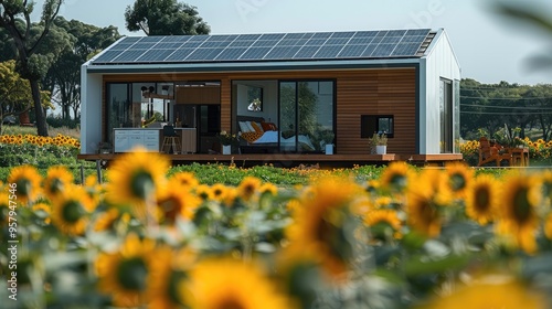 Modern tiny prefab with flat roof solar panels, sunflower field in the background. Generative AI.