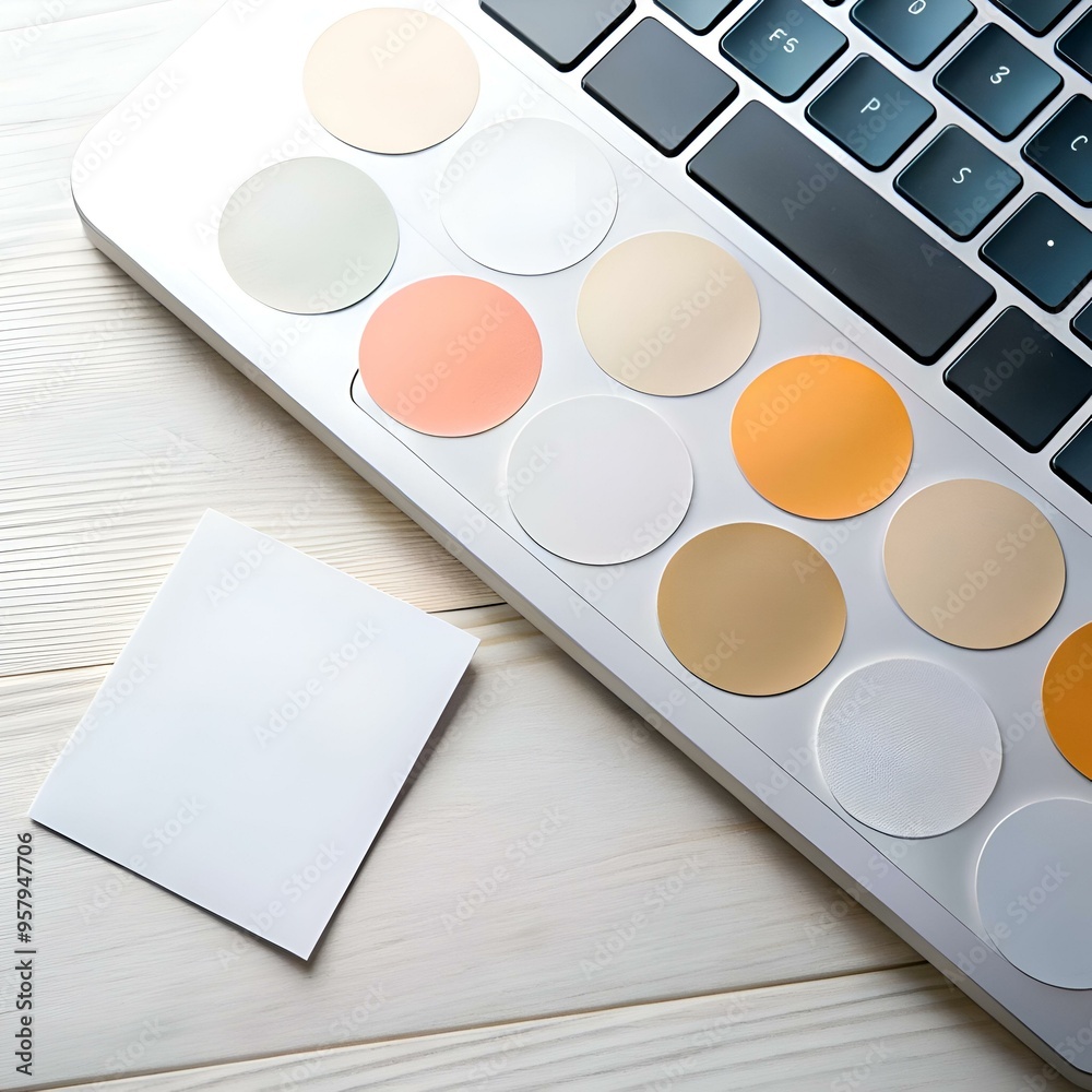 A minimalist workspace featuring a laptop keyboard with circular buttons and a blank note. perfect for showcasing your products or branding.