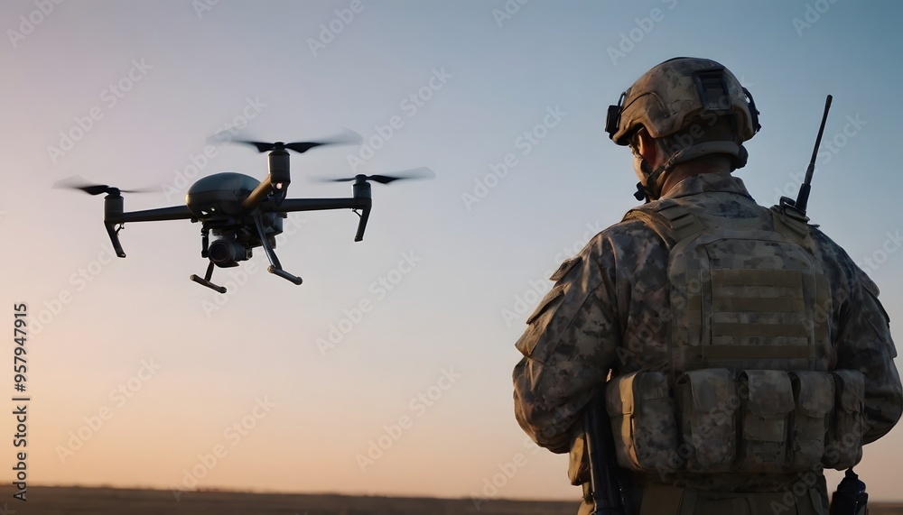 Naklejka premium Modern Soldier Operating a Drone