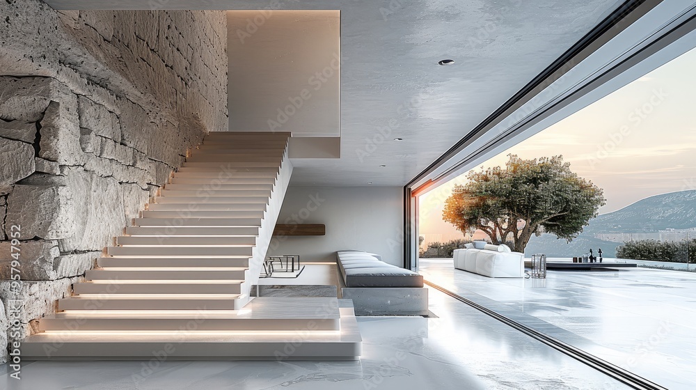Fototapeta premium Interior design modern luxury villa, stone and concrete wall, steel stairs minimalism. Generative AI.